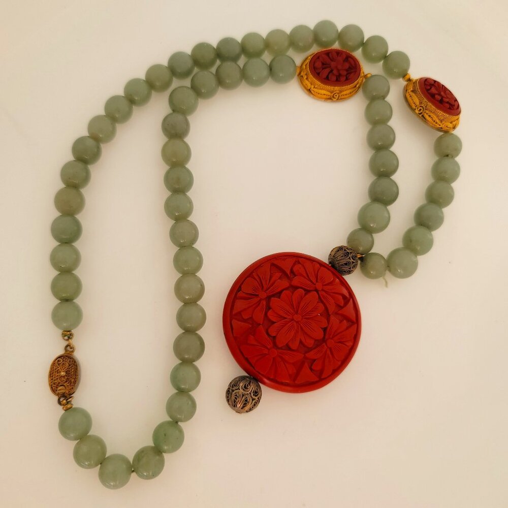 Vintage (1980) Jade, Cinnabar & Silver "Precious Peony" Necklace
